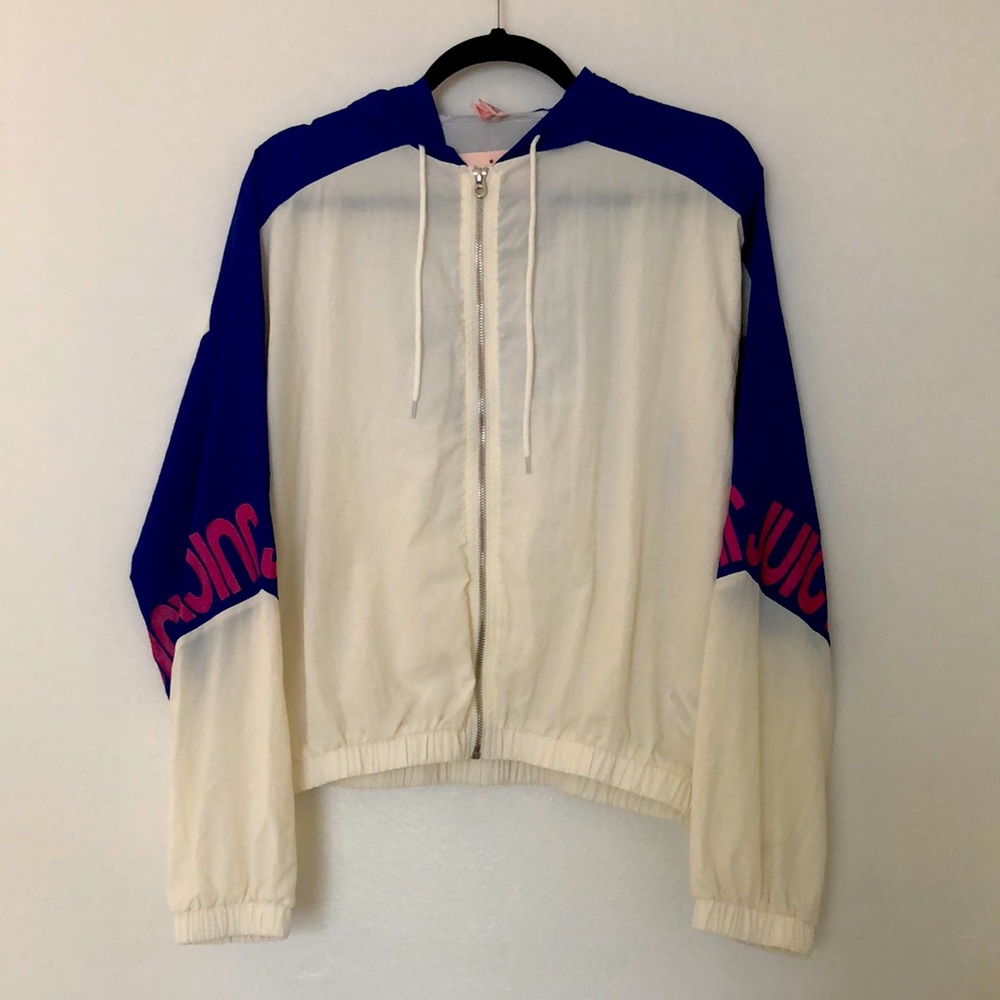 Ladies New w/Tags Juicy Couture Jacket Blue Pink Cream Zip Hood Logo Size Large